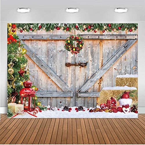 7X5ft Christmas Rustic Barn Wood Door Backdrop for Photography Xmas Tree 7′x5′ - Picture 2 of 8