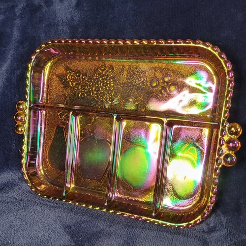 VTG Indiana Glass 5-Section Relish Tray Iridescent Gold/Marigold Carnival Glass - Picture 2 of 6