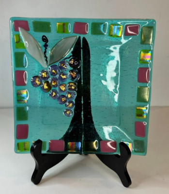 Fused Glass Trinket Dish Tray Art Glass Signed C-Roses Grapes Dichroic Glass