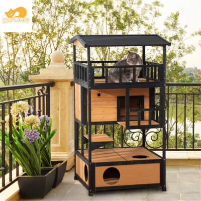 #ad Ultimate Wooden Cat House with Multiple Entrances amp; Easy Clean Roof $319.99