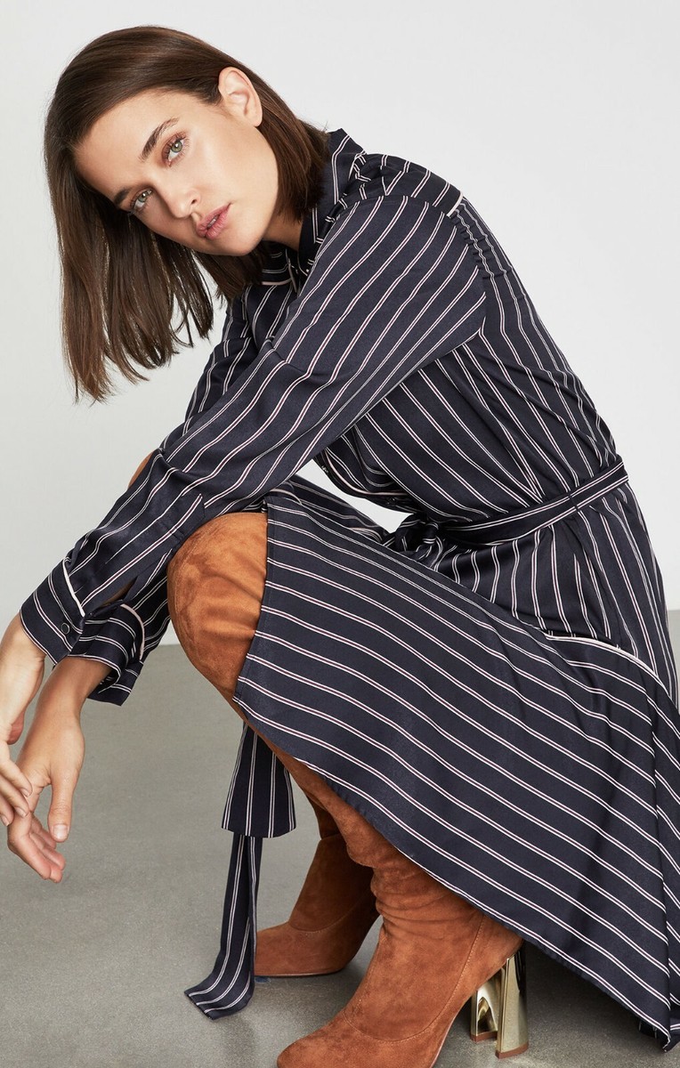 BCBG MAXAZRIA Asymmetrical Striped Satin Shirt Dress S Blue