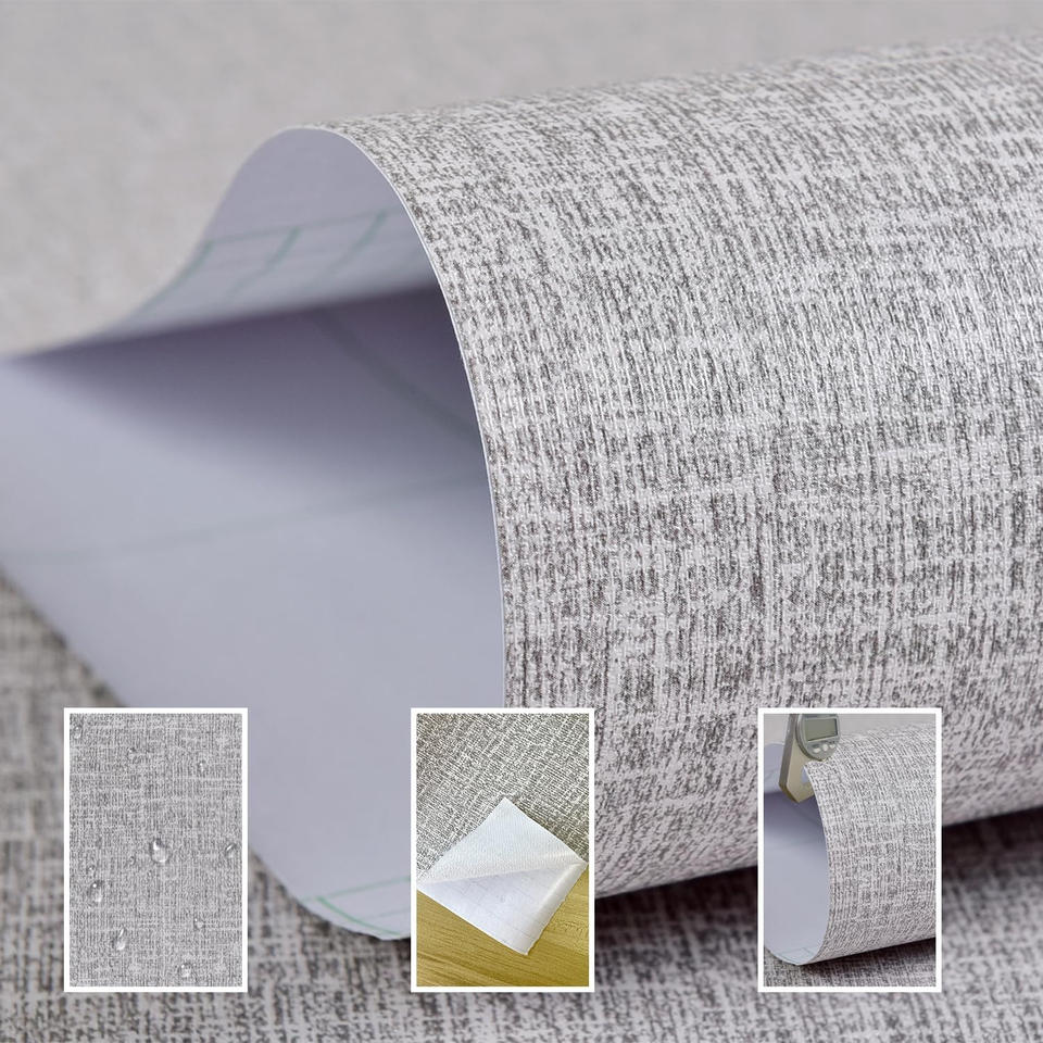 10Ft Textured Fabric Gray Wallpaper Faux Grasscloth Grey Peel and Stick