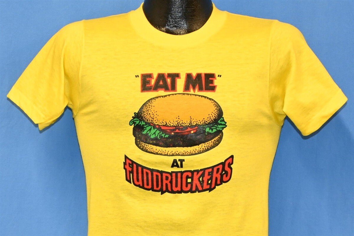 レディース 古着 80s 製 Fuddruckers 「EAT ME AT FUDDRUCKERS」 ハンバーガー 企業 Tシャツ M 古着 レディース 古着 80s Canada製 Fuddruckers 「EAT ME AT