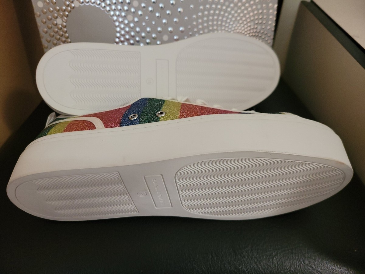 SHOES; Zara Women, 38 Rainbow Striped Shimmer Platform Lace Up