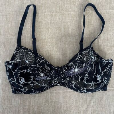 Savage X Fenty Black Dear Diary Embroidered Unlined Bra Size 34 DD