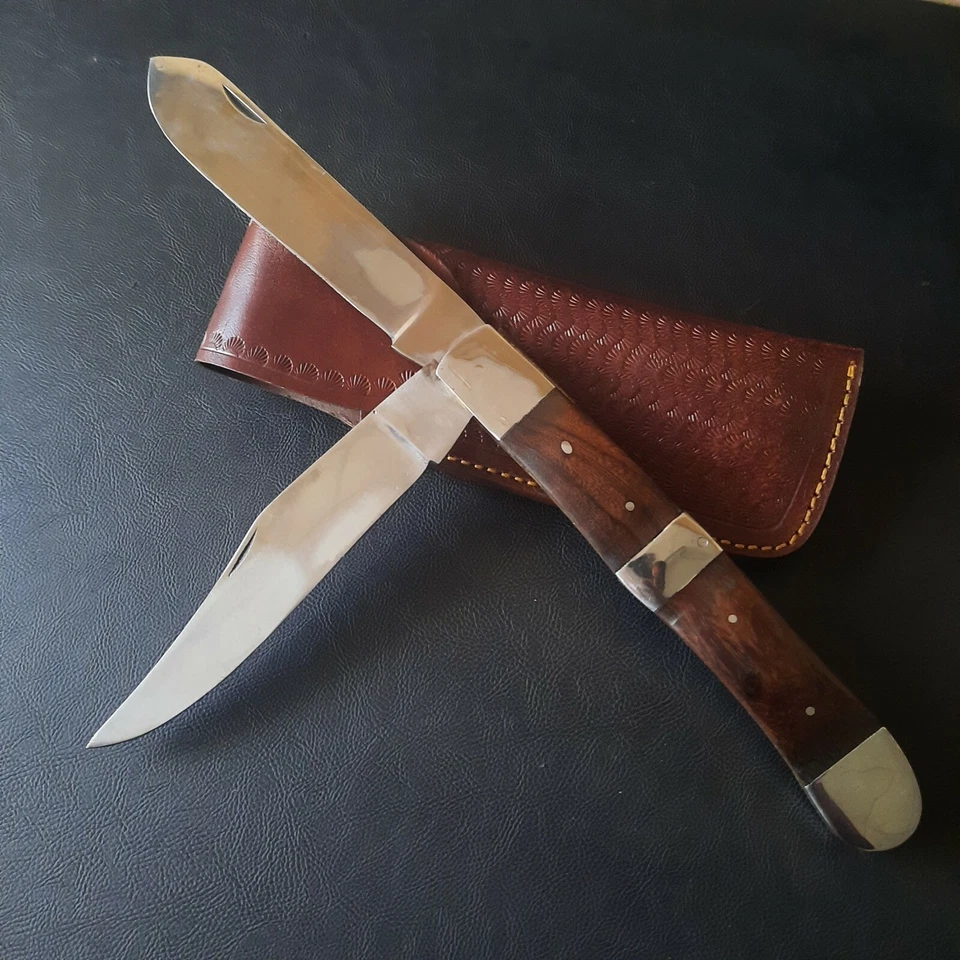 Cuchillo de Bolsillo Antiguo Puente Temprano Cubiertos Madera Plegable 2 Hojas Antiguo con Funda Foto 3 de 4