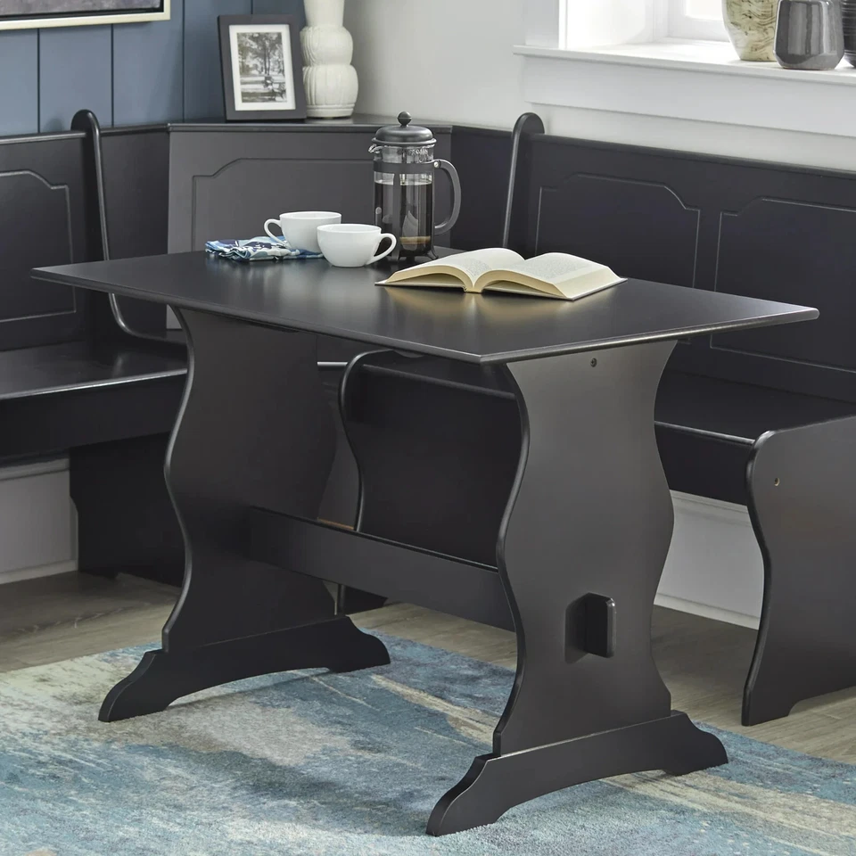 3 pc Black Wooden Breakfast Nook Dining Set Corner Booth Bench Kitchen Table - Image 3 of 4