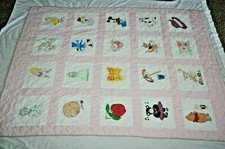 Vintage Girls pink Machine QUILT Twin 61" x 84" Painted blocks Roo Cat EUC