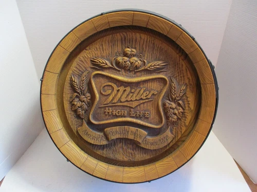 Vintage Miller High Life Beer Barrel Front Plastic Wall Hanging Bar Sign Pub Keg