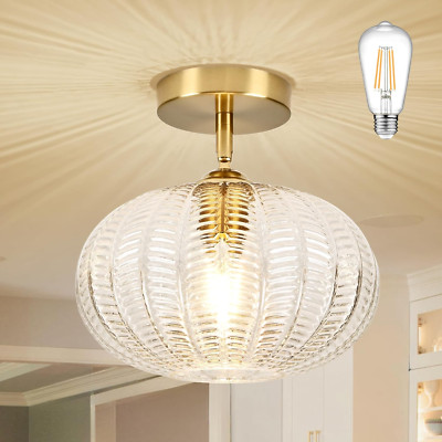 Vintage Gold Semi Flush Mount Ceiling Light Fixture with Textured Glass