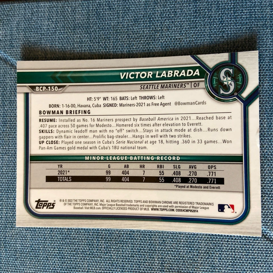 2022 Bowman - Chrome Prospects Victor Labrada #BCP-150 Mojo Refractor (RC) - Image 3 of 3