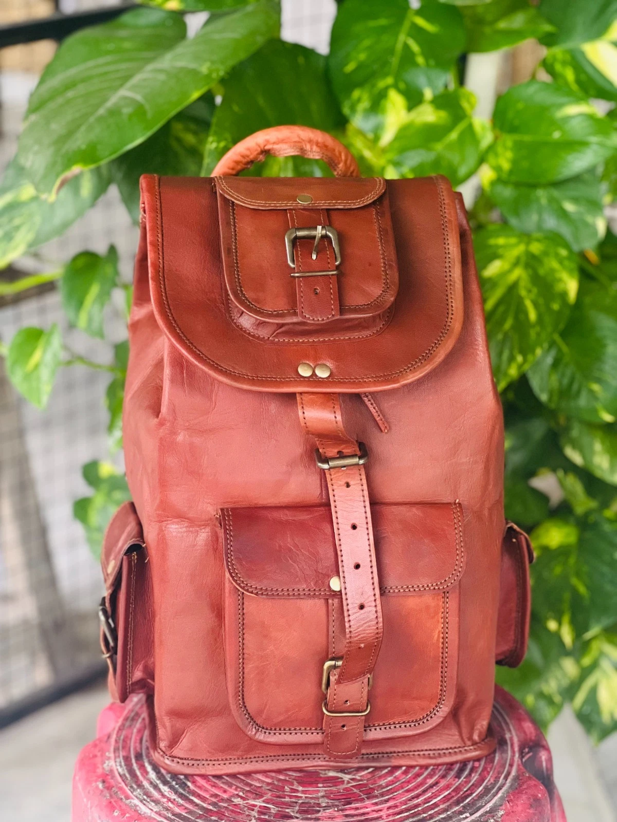 Bulky Leather Backpack Bag Rucksack Laptop Brown Goat Travel Men's New