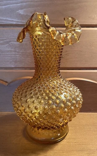 Vintage Fenton 10.5” Tall Colonial Carmel Brown Hobnail Ruffled Edge Topped Vase