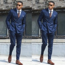 Navy Blue Men's Suits Double Breasted Formal Business Wedding Groom Tuxedo 2pcs