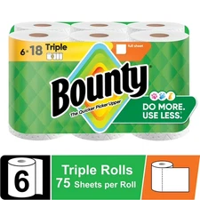 Bounty Paper Towels Full Sheet White, 6 Triple Rolls, 75 Sheets per Roll..