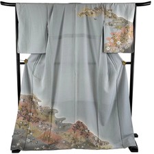 HOMONGI Kimono L Size Gray Silk Flower Pattern Used