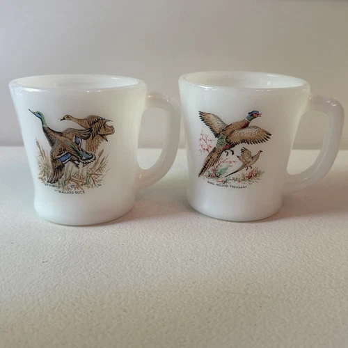 2 Vintage Fire-King Oven Ware Mallard Duck, Pheasant Game Bird Coffee Mug Cup