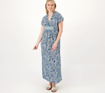 Destination 365 Printed V-Neck Short Sleeve Dress Angel Blue S New