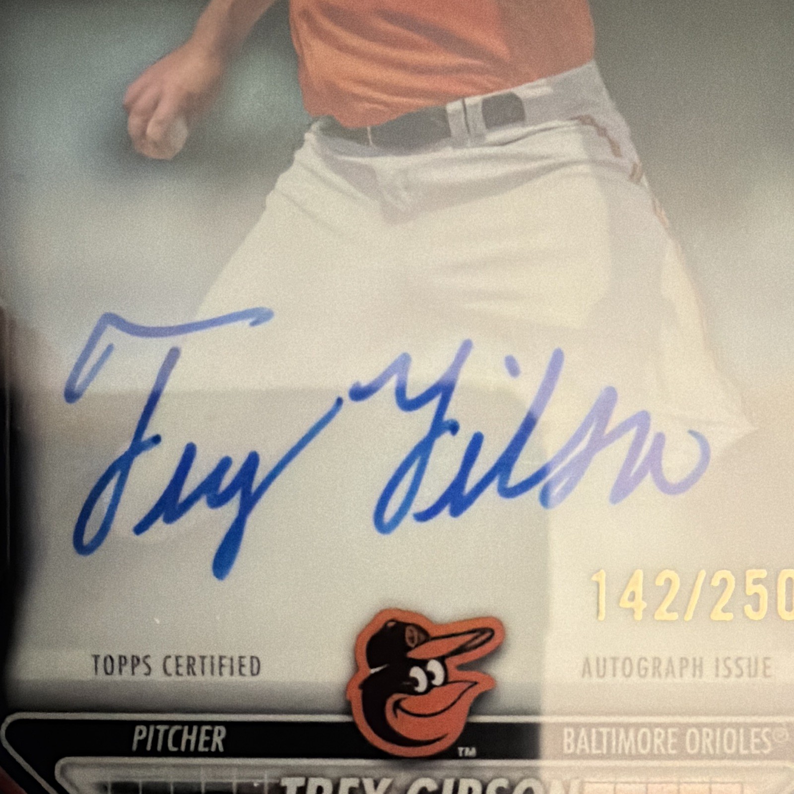 Topps 2026 Bowman Chrome Trey Gibson Orioles 1st Bowman Purple Auto 142/250 view 2