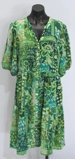 Susan Graver Women's Printed St. Tropez Button Front Dress AC2 Emerald Large