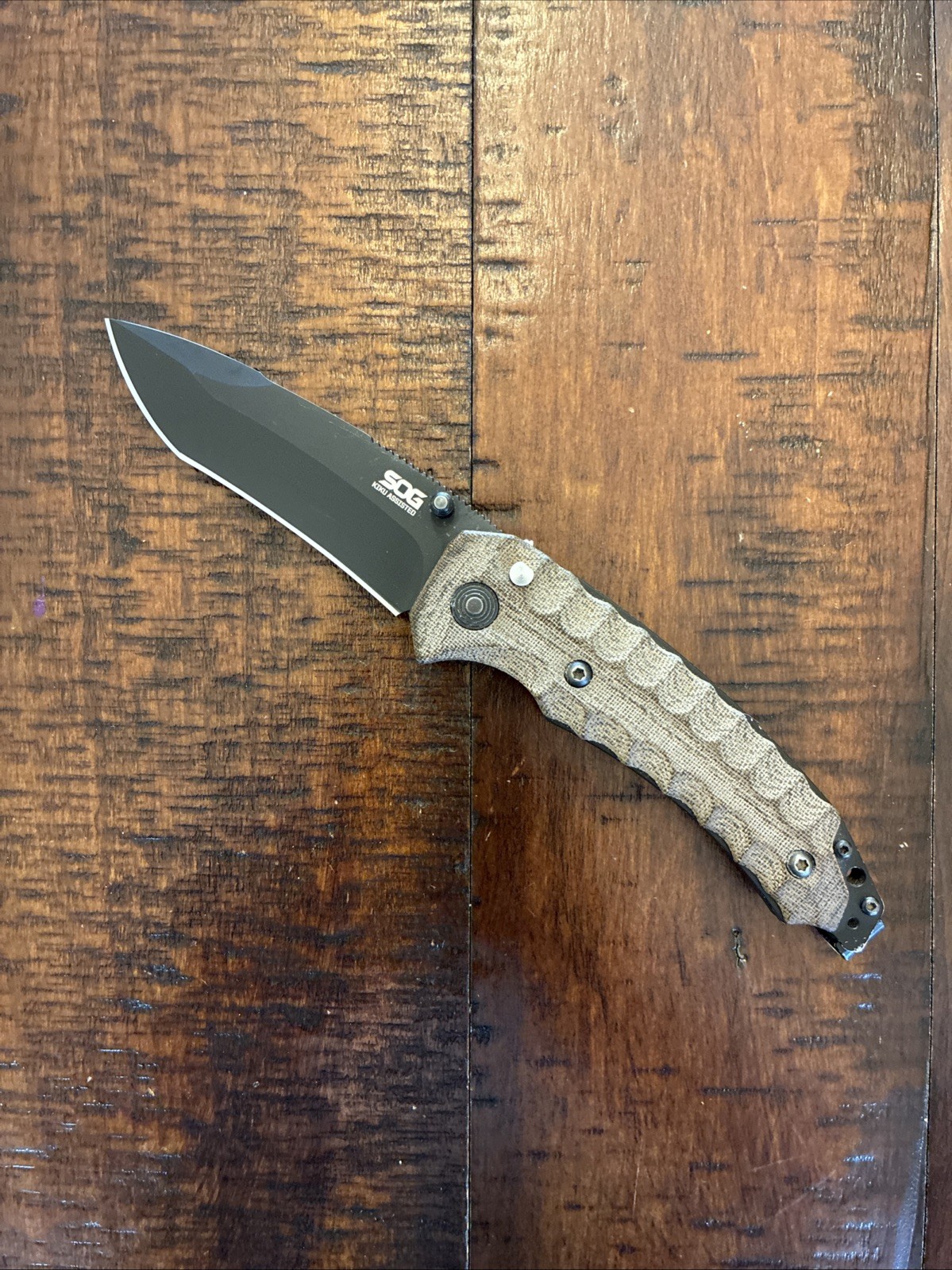 SOG Kiku Folding Knife 3.5in Blade Linen Brown Micarta Handle CPM S35VN