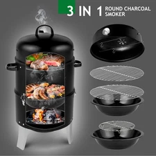 3-in-1 Vertical Charcoal BBQ Smoker Round Charcoal Grill with Thermometer, Black