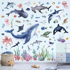 wondever Under The Sea Fish Wall Decals Whale Shark Ocean Wall Stickers Peel and