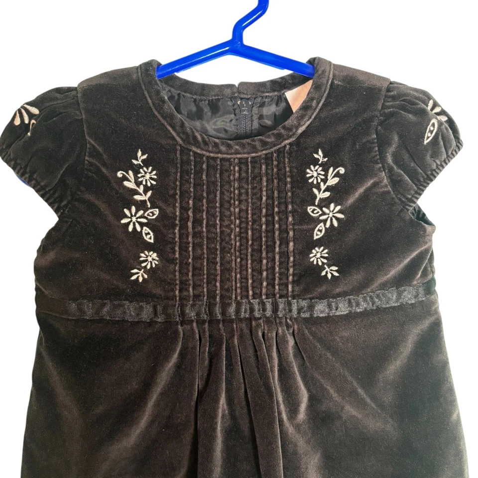 Vestido Vintage Antiguo Azul Marino Bebé Niña Terciopelo Negro Floral Bordado 18-24 Meses Foto 2 de 4