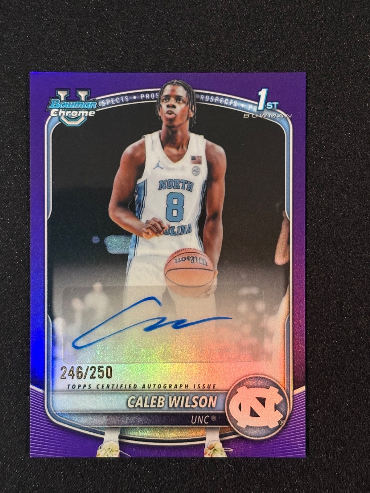2025-26 Bowman Chrome Basketball UNC Caleb Wilson 1st Prospect Purple Auto /250