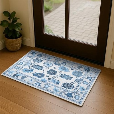 Navy Blue Oushak Rug, Modern Small Rugs, Vintage, Turkish, Eclectic, Floral, 