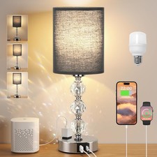Black Touch Bedside Lamps for Bedrooms - Crystal Table Lamp with USB C A Char...