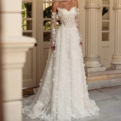 chinese dress ladies Princess Illusion 3/4 Sleeve Lace Corset V Neckline Ball Wedding Gown 36 main image 0