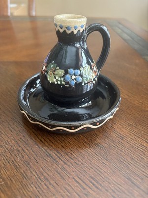 German Handarbeit Pottery Candle Holder Flower Glazed Vtg 4'' Pillar Vase Black