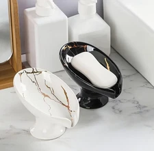 1x Elegant Marble Texture Soap Dish Ceramic Soap Holder Self Draining Dish Water