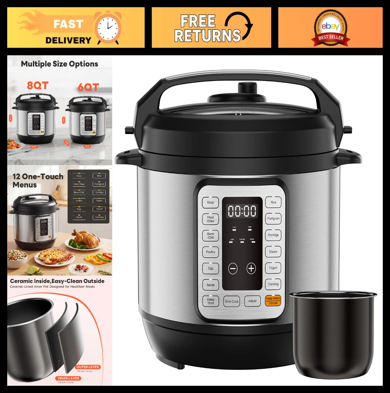 16-in-1 Electric Pressure Cooker 6QT Multi-Cooker, 12 Presets, Ceramic Pot, Reci