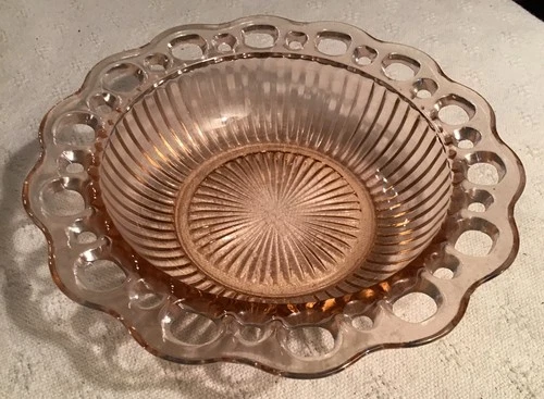 Vintage Anchor Hocking Bowl Old Colony Pink Depression Glass Open Lace 7 3/4”