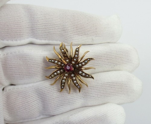 Antique Victorian 0.25ct Old Mine Cut Ruby & Natural Pearl 10K Gold Star Pin - Picture 7 of 8