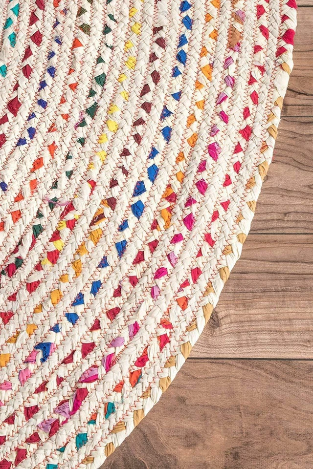 Braided Round Natural & Multi Colour Cotton Area Floor Rug Rags Carpet Yoga Mat - Image 4 of 4