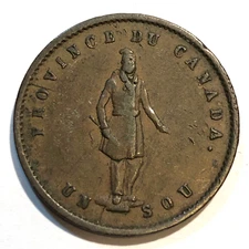 1852 Province du Canada Quebec Bank Token - Un Sou/Half Penny - XF (Extra Fine)