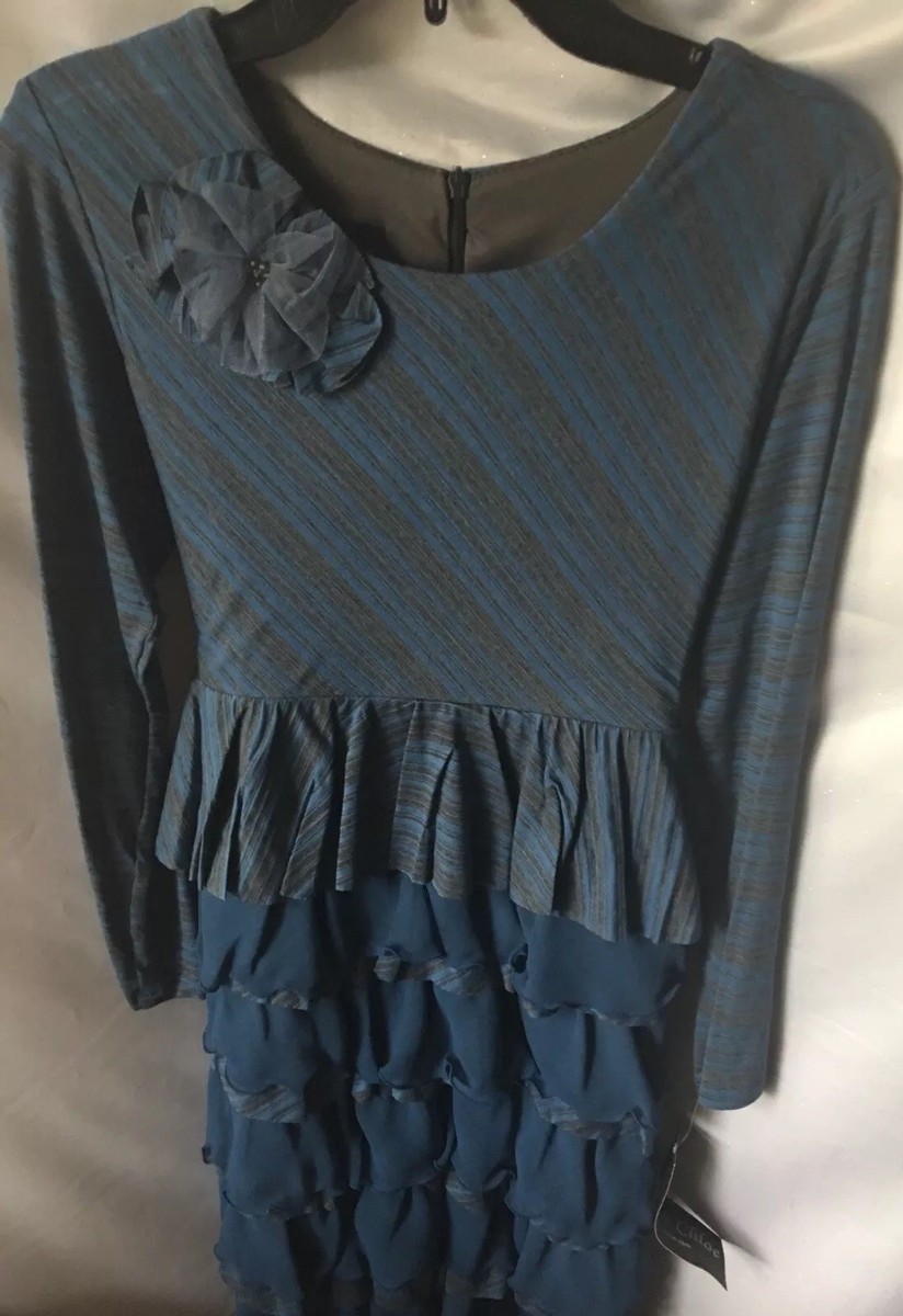 Robe De Soirée Fille Isobella & Chloé – Taille 14 – Bleu Royal Et Gris à Volants – Manches Longues – Longueur Genoux – Neuf Avec étiquettes