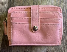 Pink Peach Faux Leather Coin Purse 6 Card Wallet Key Chain Night Pouch Purse