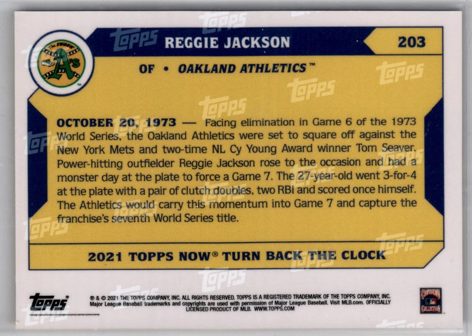 2021 Topps Now Turn Back the Clock #203 Reggie Jackson Oakland Athletics - Изображение 2 из 2