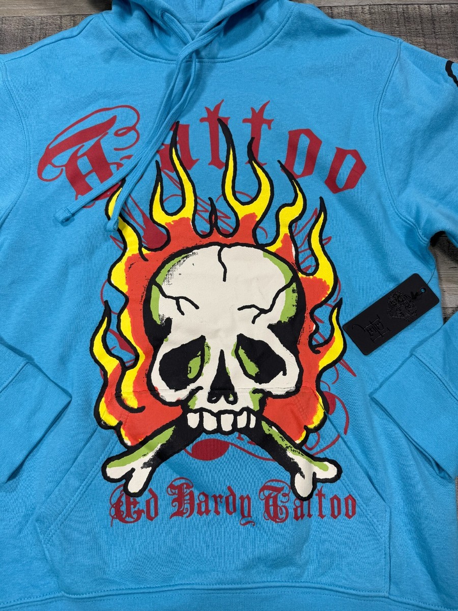 Ed Hardy Hoodie Mens Small Blue Flame Skull Graphic Print