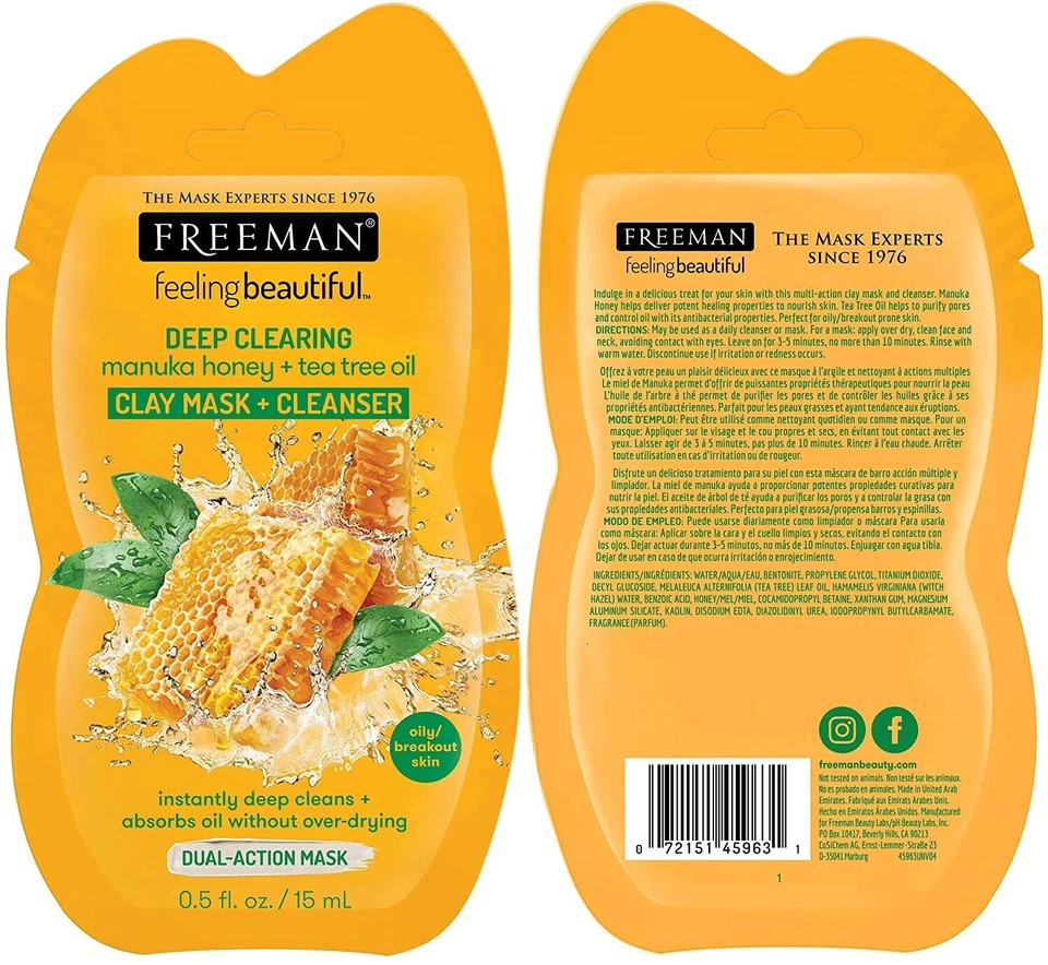 Freeman Deep Clearing Clay Mask & Cleanser 15ml x5 – Manuka Honey & Tea Tree Oil - Image 3 of 4