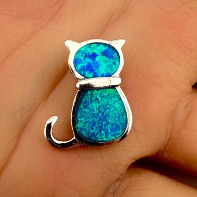 Vintage 925 Sterling Silber Kätzchen Katze Ozean Blau Feuer Opal Anhänger (2,5g)