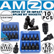 US PRO Impact Spline Socket Bit Set M4 to M12 & M14 M16 M18 Tamper Proof 1/2" Dr
