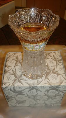 Schöne Tschechisch Böhmische Handgeschliffene Kristall Vase mit aufwendigem Gold & Farbe 