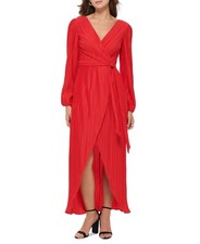 Guess Long Blouson Sleeve V-Neck Pleated Wrap Dress 8