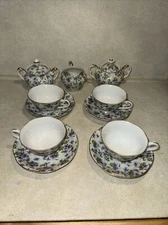 Lefton China Violet Chintz Tea Set 13 Piece Saucers, Cups, 2 Creamer, Sugar Bowl