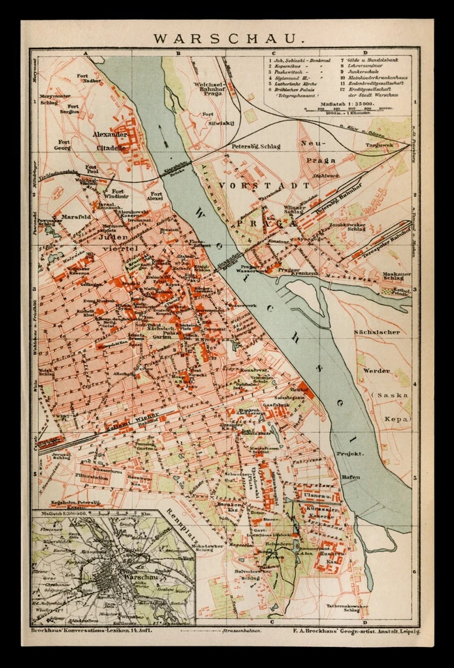 Original lithographische Tafel 1896 Warschau Warszawa alter Stadtplan old map